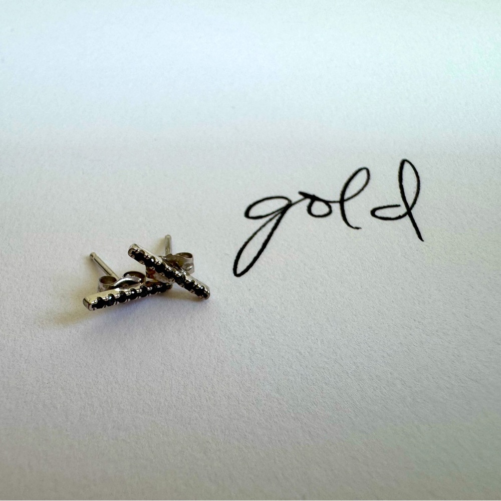 Solid White Gold Pave Bar Black Diamond Earrings